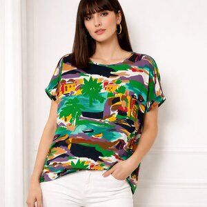 Colorful Women's Top Graphic Vintage 80s 90s Pop Tropical size 12 Landscape